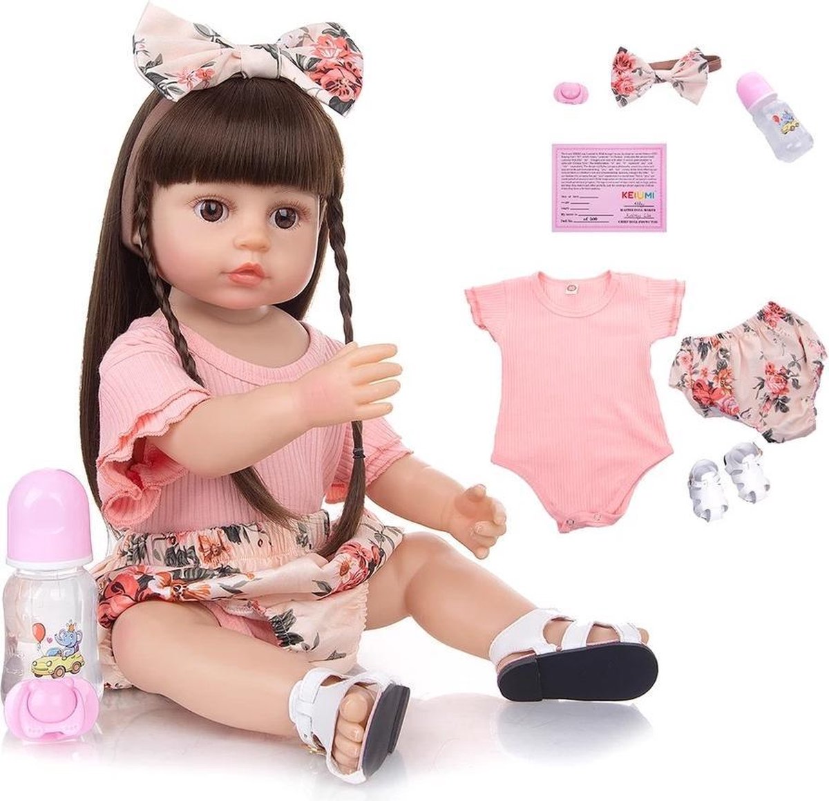 Reborn baby pop Macy - 55 cm -  Meisje met lang bruin haar - Met romper, broek, schoenen, strik, speen en fles - Full body silicone - Levensechte babypop - Waterproof